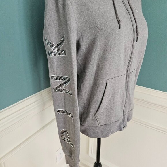 Victoria's Secret L PINK Zip Up Bing Sleeve Grey Sweatshirt Hoodie - Picture 1 of 5
